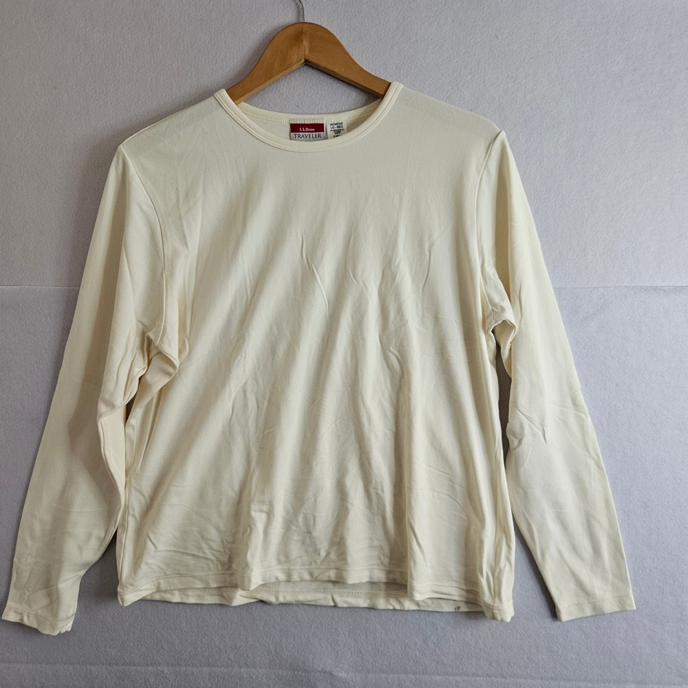 LL Bean Traveler Womens Large Cream Supplex Nylon Long Sleeve Shirt